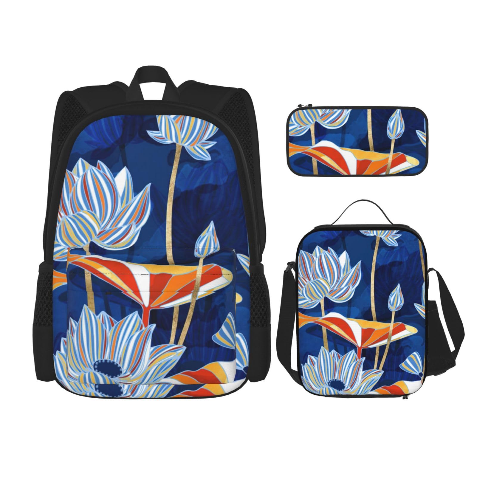 WURTON 3-in-1-Set mit botanischem Blumendruck, lässiger verstellbarer Schulter-Rucksack, Lunch-Tasche, Federmäppchen, Beutel, Schwarz, Einheitsgröße