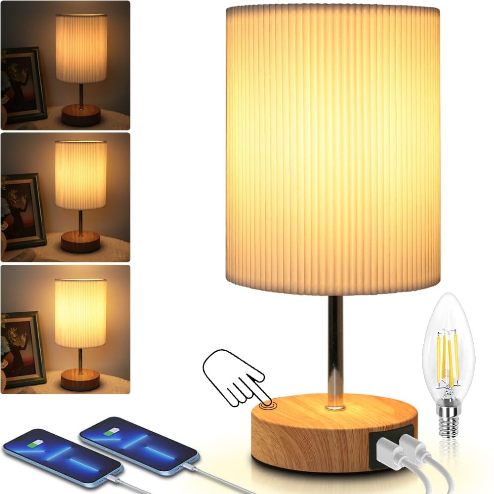 HSLighting Nachttischlampe Touch Dimmbar Tischlampe mit 2 USB Schnellladeanschlüssen Ladefunktion 3 Helligkeitsstufen Einstellbar Schreibtischlampe minimalistische für Nachttisch Lesen Wohnzimme