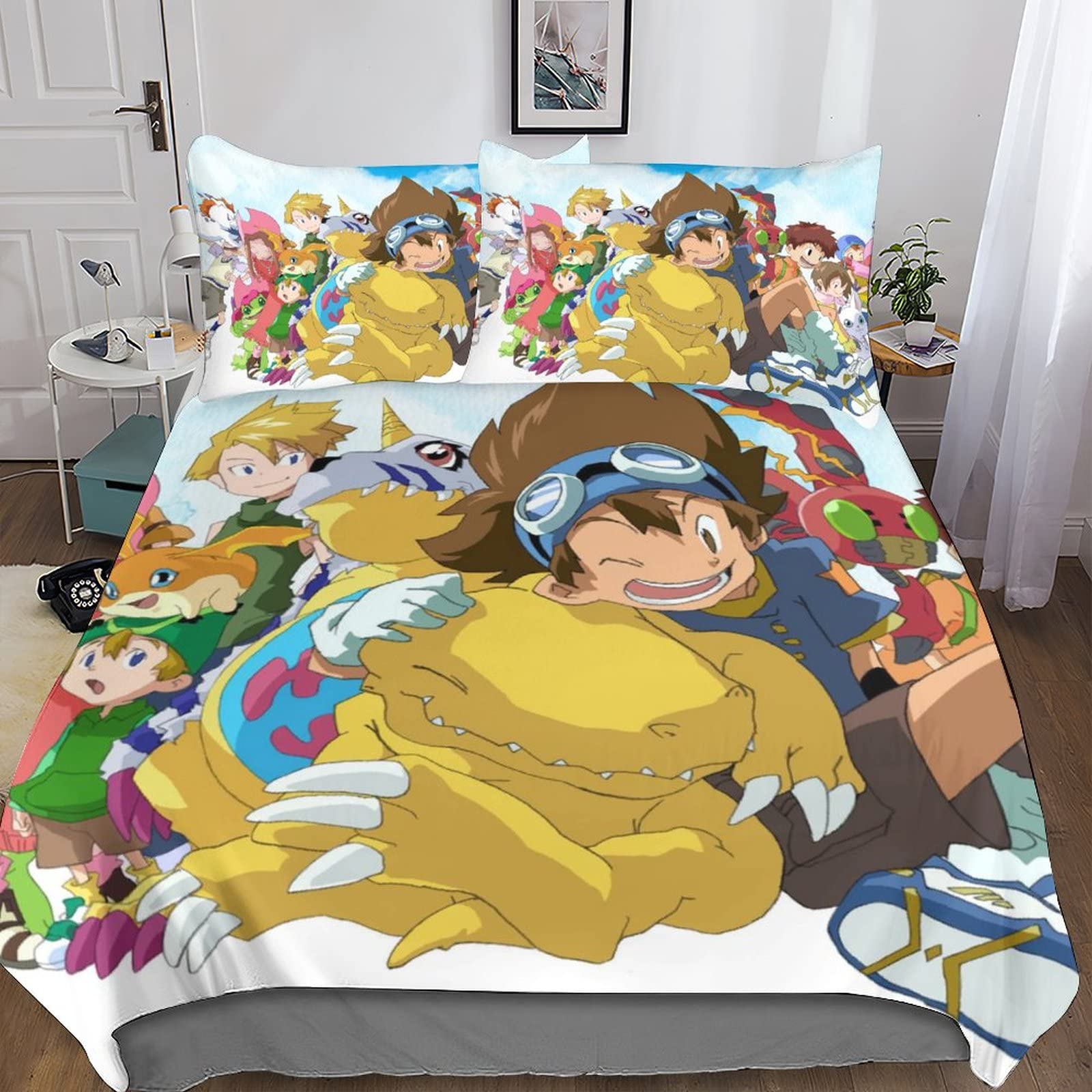 UKALOU Digimon Adventure Anime Bettwäsche 3D Bettbezug Mikrofaser Bettwäsche-Sets, Bettbezüge Mit Reißverschluss Und Kissenbezüge 3 Teilig Sets Double（200x200cm）