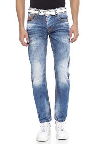 Cipo & Baxx Herren Straight Fit Jeans Hose Nähten Stickerei 5-Pocket Design CD669 Blau Denim Pants W38 L32