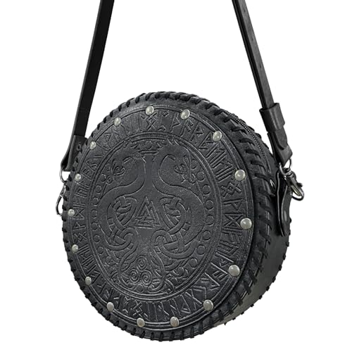 HiiFeuer Viking geprägte Umhängetasche Crossbody Bag, Gürteltasche aus nordischem Kunstleder Schultertasche, Mittelalter tragbare Cosplay Umhängebeutel (Schwarz A)