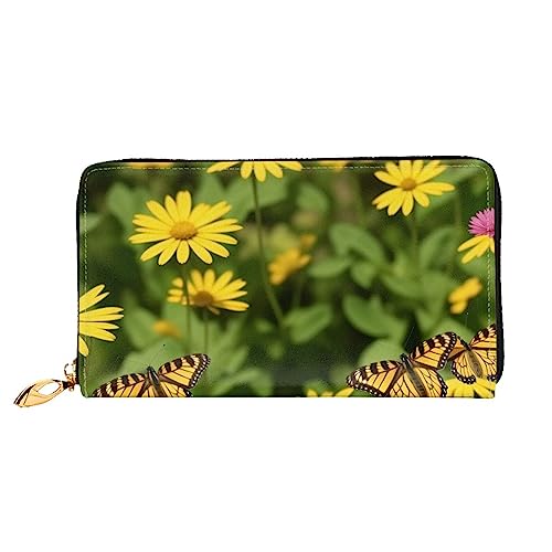 Miniks Colorful Leaf Damen-Geldbörse, Leder, lang, Reisegeldbörse, Kreditkartenetui mit Reißverschluss, Schmetterling mit gelber Blume, Einheitsgröße