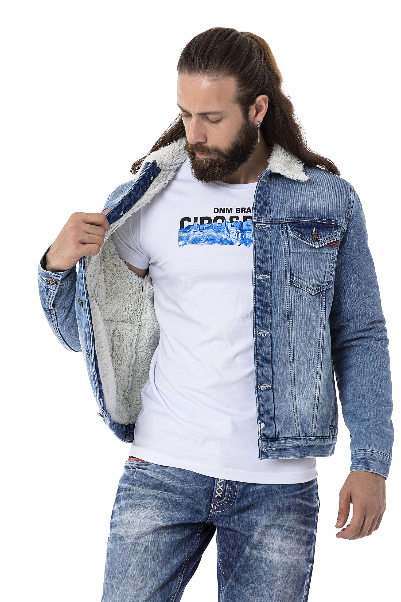 Cipo & Baxx Herren Jeansjacke Denim Gefüttert Übergangsjacke Fellkragen Herbst-Winter Jacke CJ294 Hellblau S