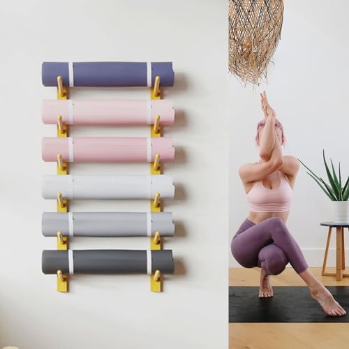 LESBJFDM 6-stufiger Yogamattenhalter, Wandhalterung für Yogamatten, Heim-Fitness-Zubehör, Aufbewahrungsregal aus Holz für Yogamatten/Schaumstoffrollen