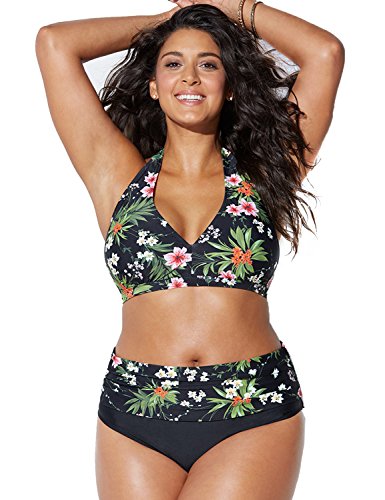 chuangminghangqi Damen-Bikini mit hoher Taille, gepolstert, Übergröße, zweiteilig, bedruckt, Stickerei für Schwimmen und Meer, 382-grün, 50