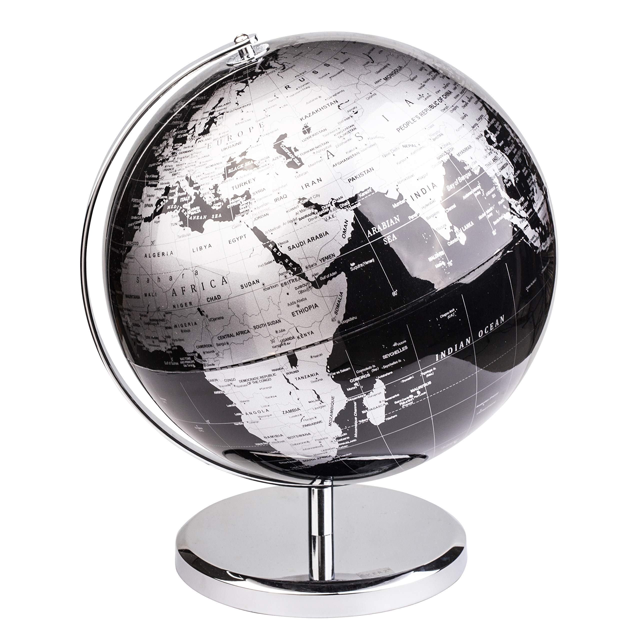 EXERZ 25cm Globus - Englische Karte - Schüler-Globus - Mit Einem Metallfuß Pädagogisch/Geografisch/Dekoration - Lehrmaterial Globen - Durchmesser: 25cm (Metallisches Schwarz)