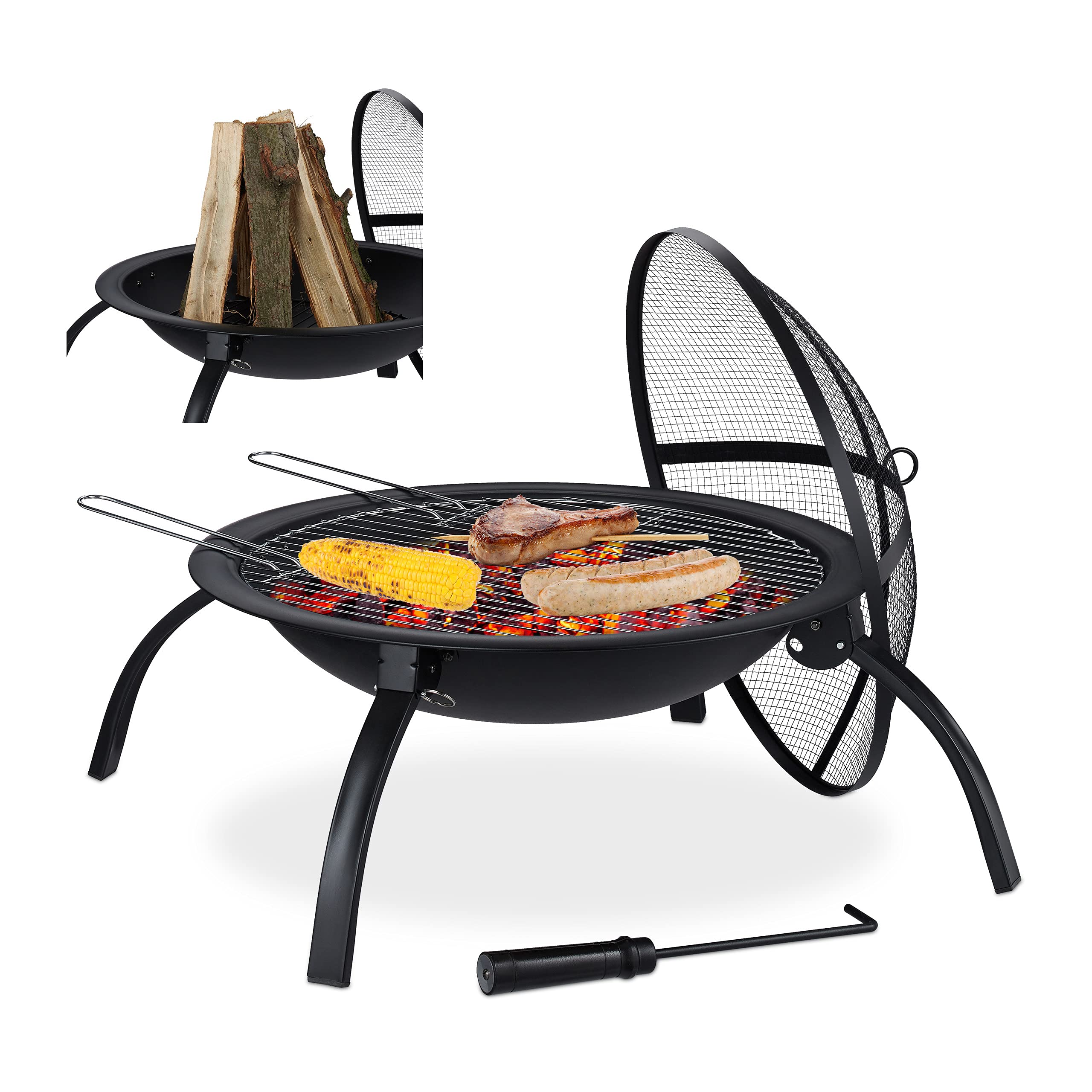 Relaxdays XL Feuerschale, Grill Rost, Schürhaken, Funkenschutz Deckel, Garten, Terrasse, Feuerstelle D 56,5 cm, schwarz