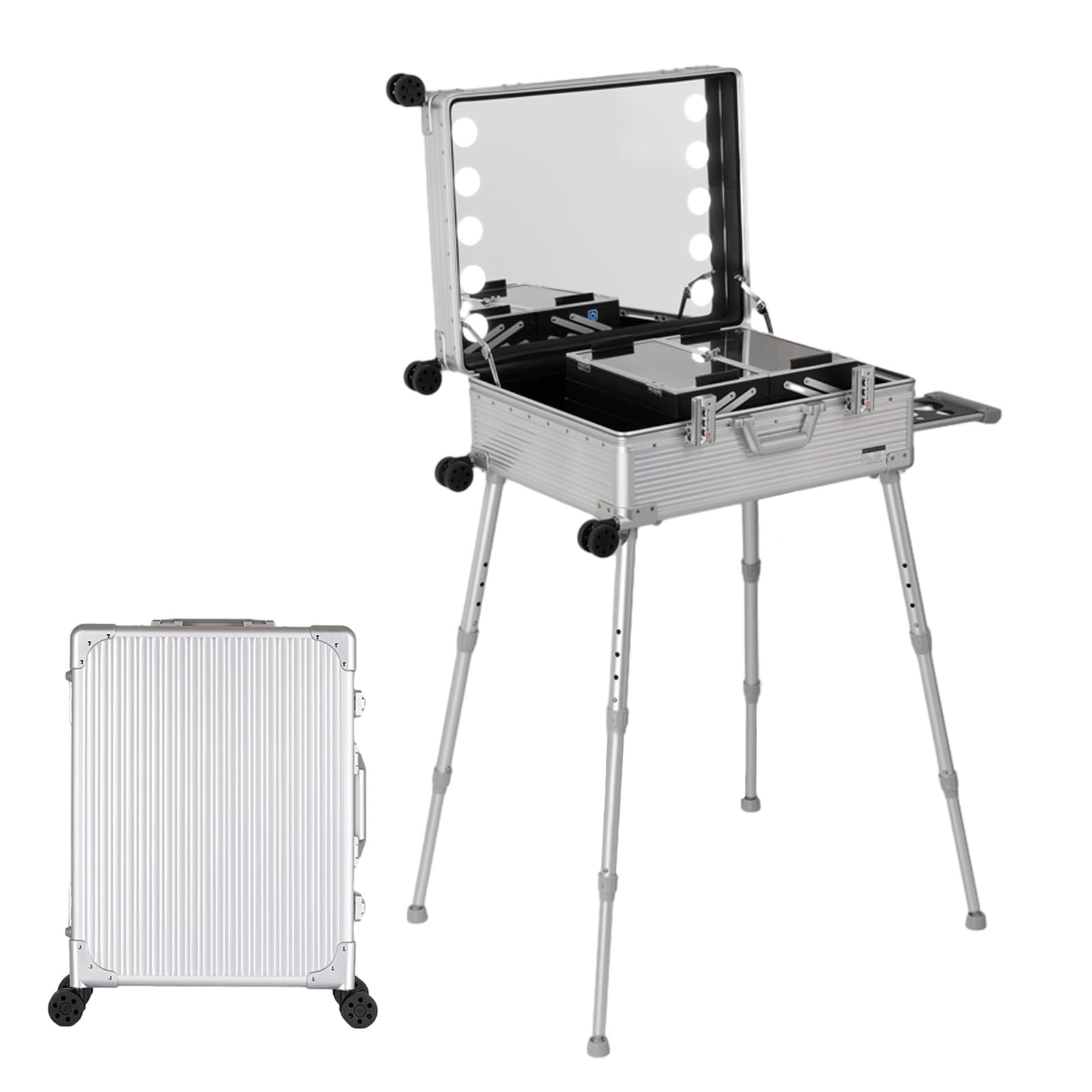 Aluminium-Trolley, Make-up-Zugkoffer mit LED-Licht, professioneller Kosmetik-Make-up-Organizer, Studio mit Ständer, rollendes, beleuchtetes Make-up (Silver Stripe 52x40x22.5cm)