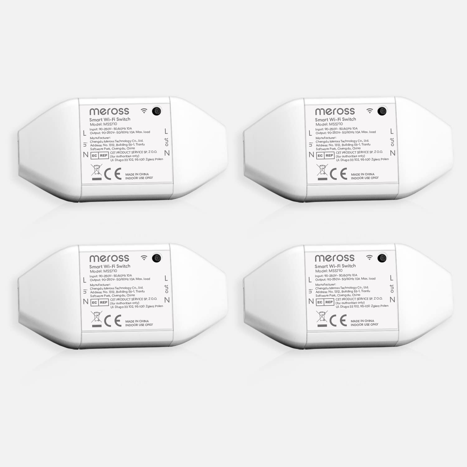 meross WLAN Schalter Universal WiFi Switch Fernbedienung Sprachsteuerung mit Alexa, Google Assistant DIY Smart Home für elektrische Haushaltsgeräte, 2400 W, 4 Stücke