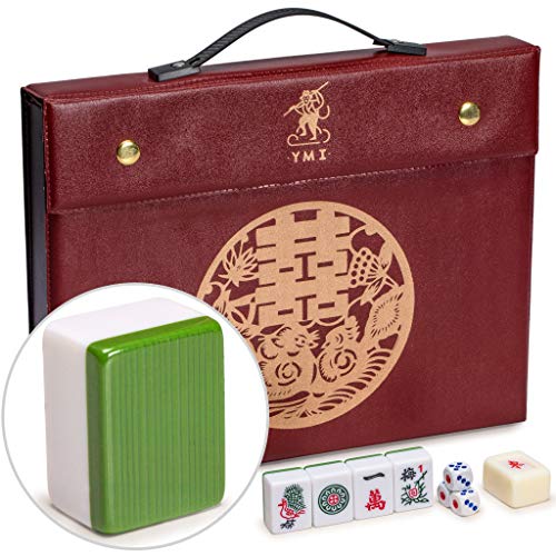 Yellow Mountain Imports Professionelles Chinesisches Mahjong-Spielset - Double Happiness (Grün) - mit 146 mittelgroßen Ziegeln, 3 Würfeln und Einer Windanzeige - Für Das Spiel Im Chinesischen Stil