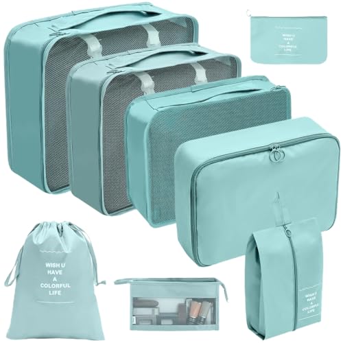 8X/Set Gepäck Organizer Set Koffer Organizer Set Packwürfel Set Kleidertasche Wasserdicht Reise Organizer für Reisen, seeblau