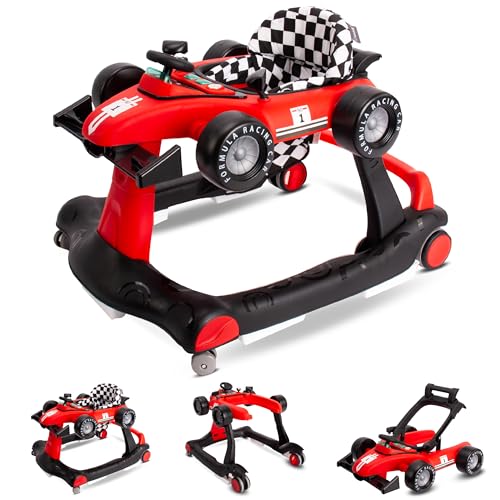 Sun Baby Lauflernhilfe Walker 3in1 mit höhenverstellbare Automotiv, Formula racing, interaktiv und faltbar mit Sicherheitsstopper, Tasten, Lichtern und Sound ab 6 Monaten (Rot)