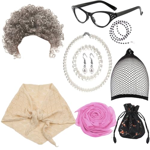 GAOINTELL Cosplay Set für Damen, Erwachsene, Oma-Perücke, Brille, künstliche Halskette, Ohrringe, Oma-Kostüm für Party, alte Dame, Kostüm für Bühnenauftritte