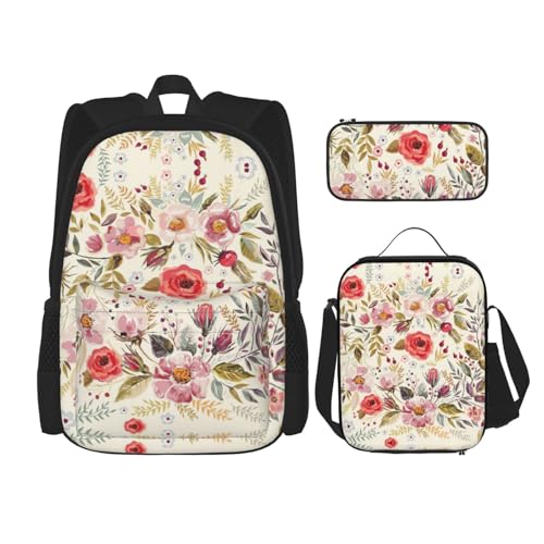 WURTON Modernes Blumendruck, verstellbare Schultergurte, Rucksack-Set, Lunch-Tasche, Federmäppchen, Kombinationstaschen-Set