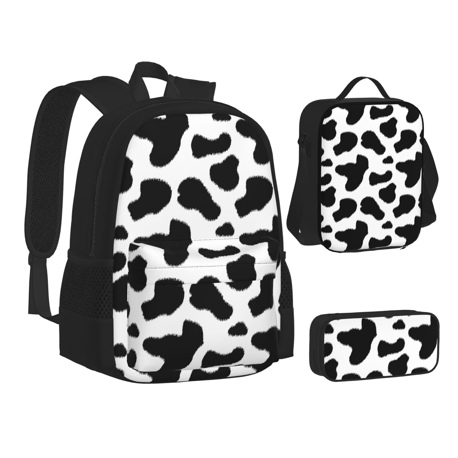 WURTON Büchertasche mit Weltkartenaufdruck, Federmäppchen, 3-in-1, Schulrucksack-Set, Kinderrucksack, Schwarz-weißer Leopardenmuster, Einheitsgröße