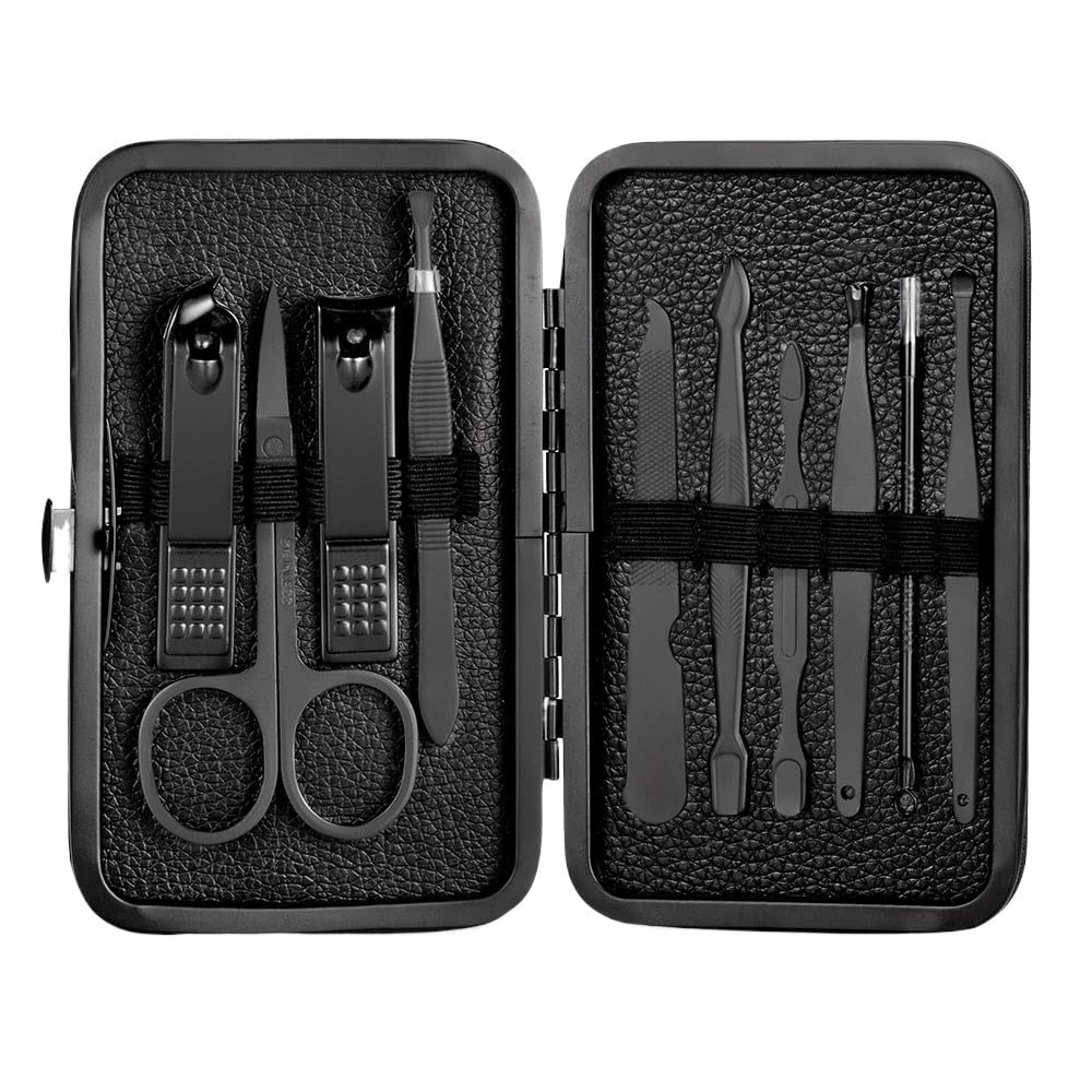 SCRUBY 18-in-1-Maniküre-Set, Edelstahl, Nagelknipser, Pediküre-Set, tragbar, für Reisen, Haushalt, Nagelschere, Nagelschneider, Werkzeug-Set (10 Stück, schwarz)