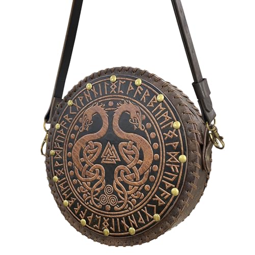 HiiFeuer Viking geprägte Umhängetasche Crossbody Bag, Gürteltasche aus nordischem Kunstleder Schultertasche, Mittelalter tragbare Cosplay Umhängebeutel (Braun A)