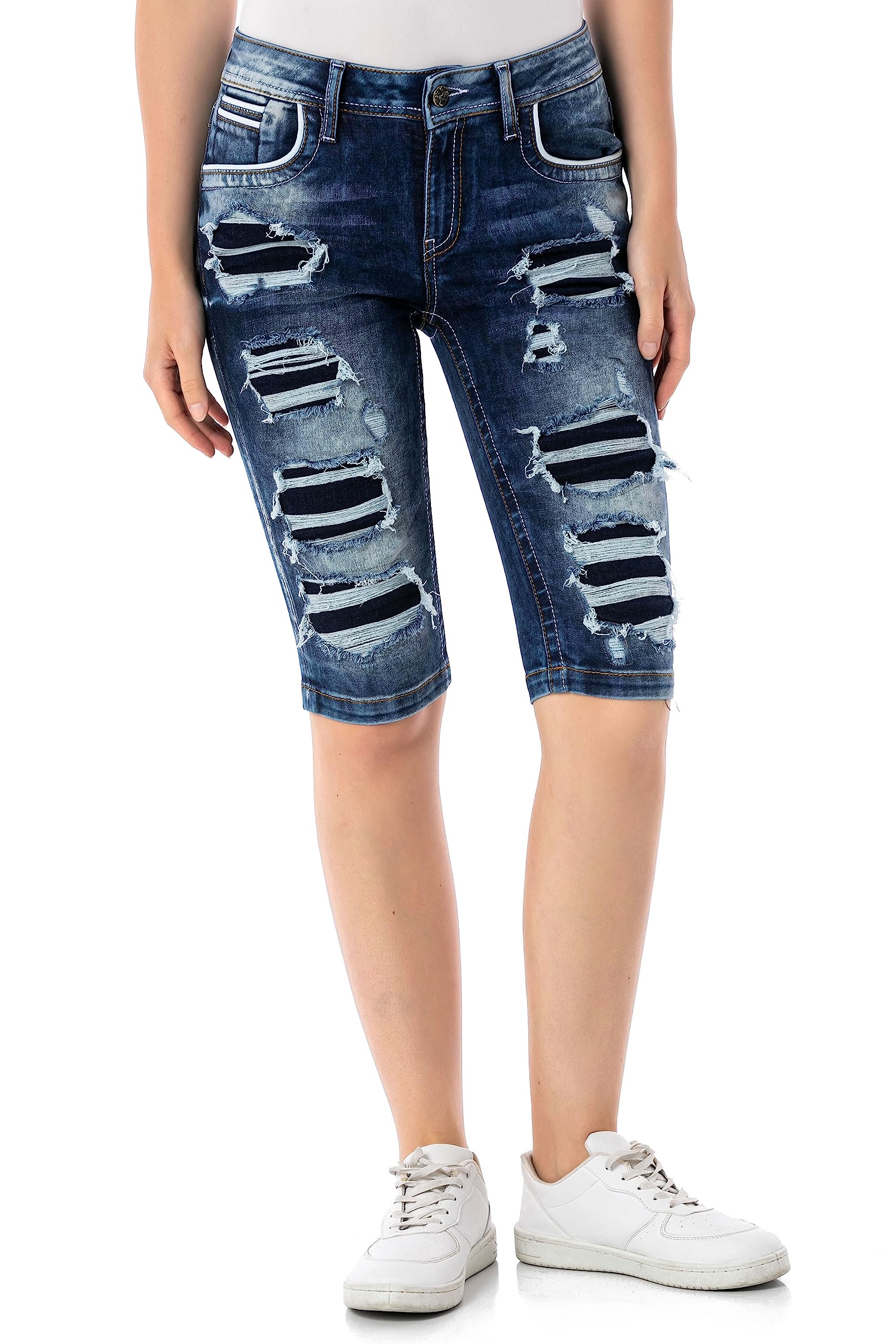 Cipo & Baxx Damen Jeansshorts Destroyed Used Capri Pants Kurze Hose Freizeit Bermuda WK181 Blau W29