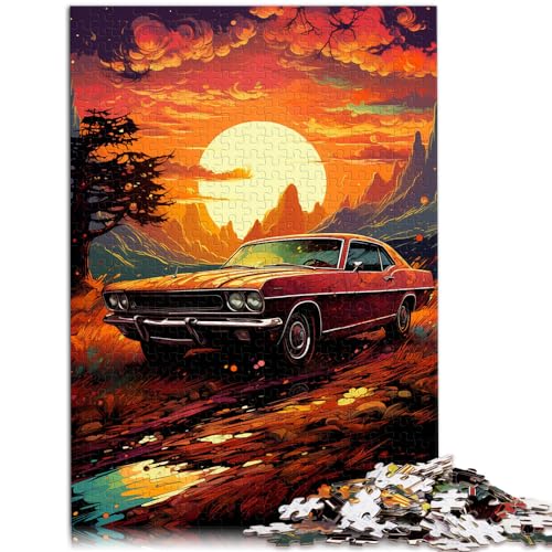 Puzzle-Spiele, farbenfrohes psychedelisches Retro-Auto bei Sonnenuntergang, Puzzle 1000 Teile, Holzpuzzle, anspruchsvolles, schwieriges Puzzle 1000 Teile (50 x 75 cm)