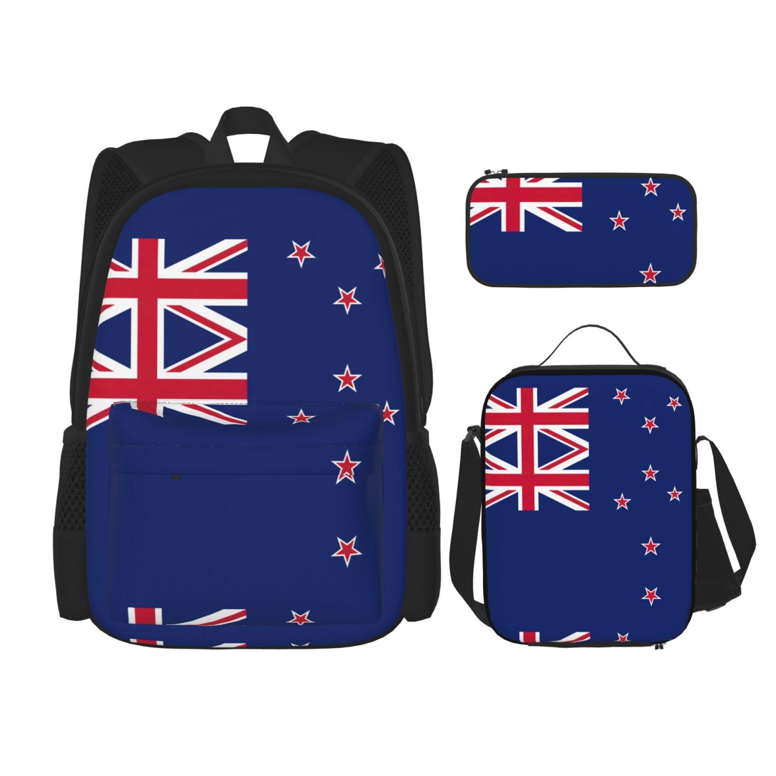 WURTON 3-in-1-Set mit neuseeländischer Flagge, lässiger verstellbarer Schulter-Rucksack, Lunch-Tasche, Federmäppchen, Beutel, Schwarz, Einheitsgröße