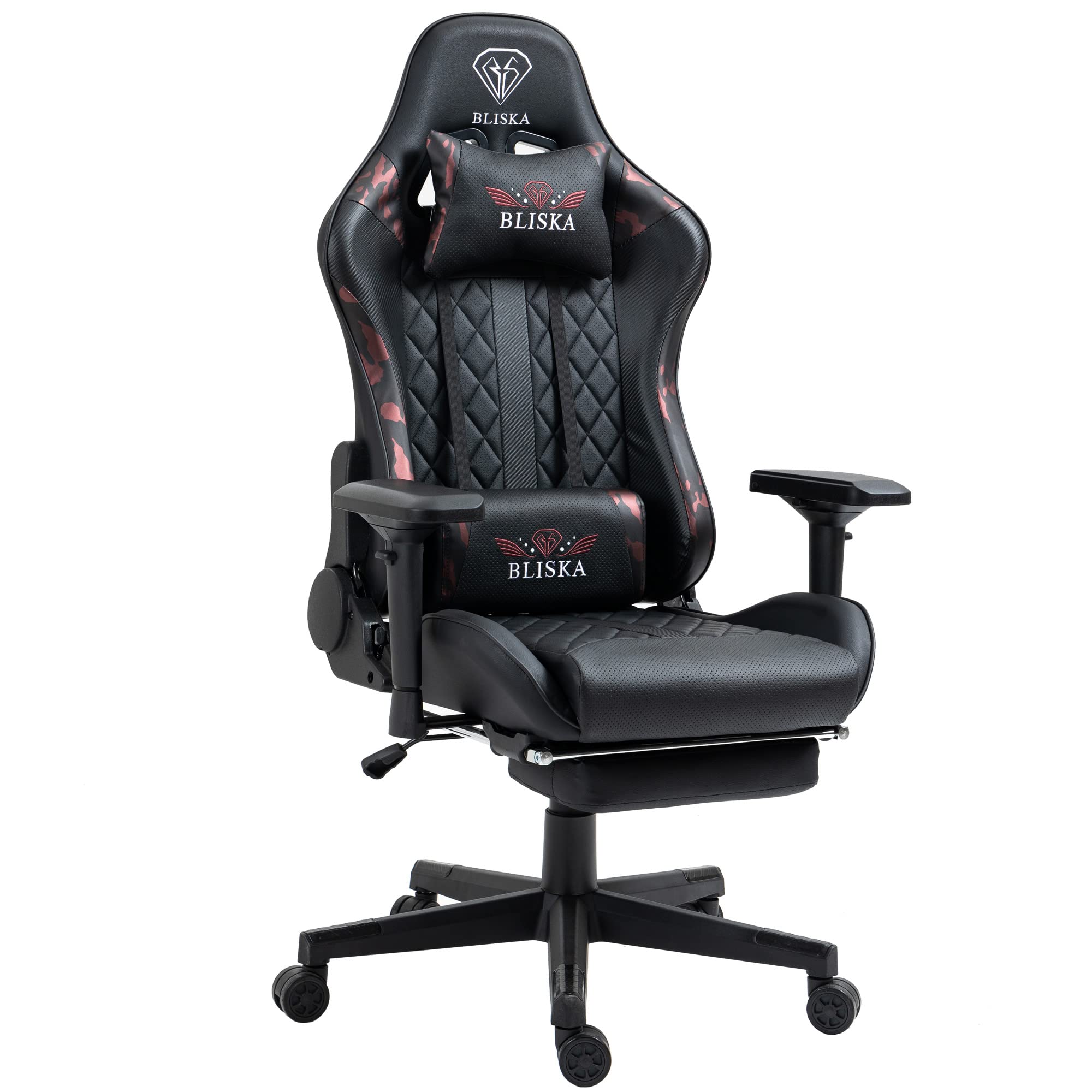 Gaming Stuhl mit Fußstütze und ergonomsichen 4D-Armlehnen - gaming chair in Sportsitz Optik - Gamer Stuhl mit verstellbaren Rückenstützkissen für gesündere Sitzhaltung, Farbe:Schwarz/Military -Rosa