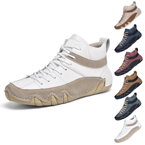 OTEB Chukka Men's Non-Slip Leather Casual Color Blocking Sneakers, Italian Handmade Suede High Driving Walking Boots(White,46 EU)