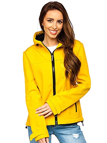 BOLF Damen Softshelljacke Übergangsjacke mit Kapuze Regenjacke Funktionsjacke Winddicht Wasserdicht Sportjacke Trekkingjacke Atmungsaktiv Outdoor Style KSW6007 Gelb S [D4D]