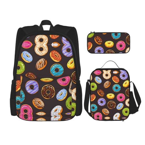 WURTON Ringbrot mit Marmeladenaufdruck, Reise-Lunchbox, Federmäppchen, Rucksack-Set, 3-teilig, verstellbare Riemen, leicht, Schwarz, Einheitsgröße