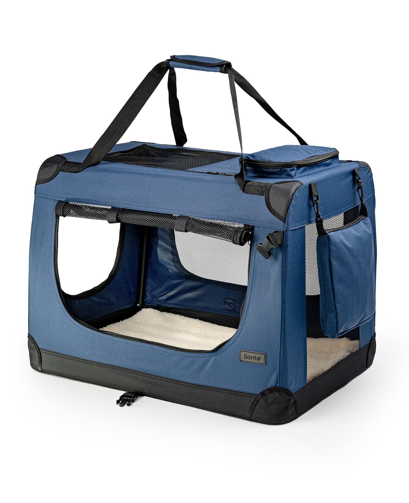 lionto Hundetransportbox faltbar für Reise & Auto, 90x61x65 cm, stabile Transportbox mit Tragegriffen & Decke für Katzen & Hunde bis 22 kg, robuste Hundebox aus Stoff für klein & groß, dunkelblau