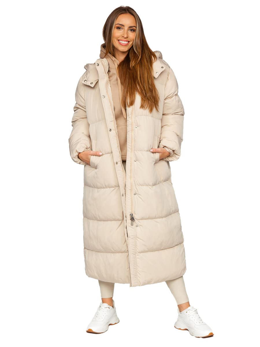 BOLF Damen Winterjacke Parka Wintermantel Lange Daunenjacke Steppjacke Kapuze Puffermantel Sportjacke Warm Freizeit Outdoor Casual Style R6702 Beige S [D4D]