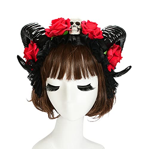 HDKEAN Haarreif für Damen, Rose, Ochsenhorn, Blume, Totenkopf, für Halloween, Party, Weihnachten, kreatives Gothic-Haar-Accessoire, Ochsenhorn-Stirnband, Halloween-Partygeschenk