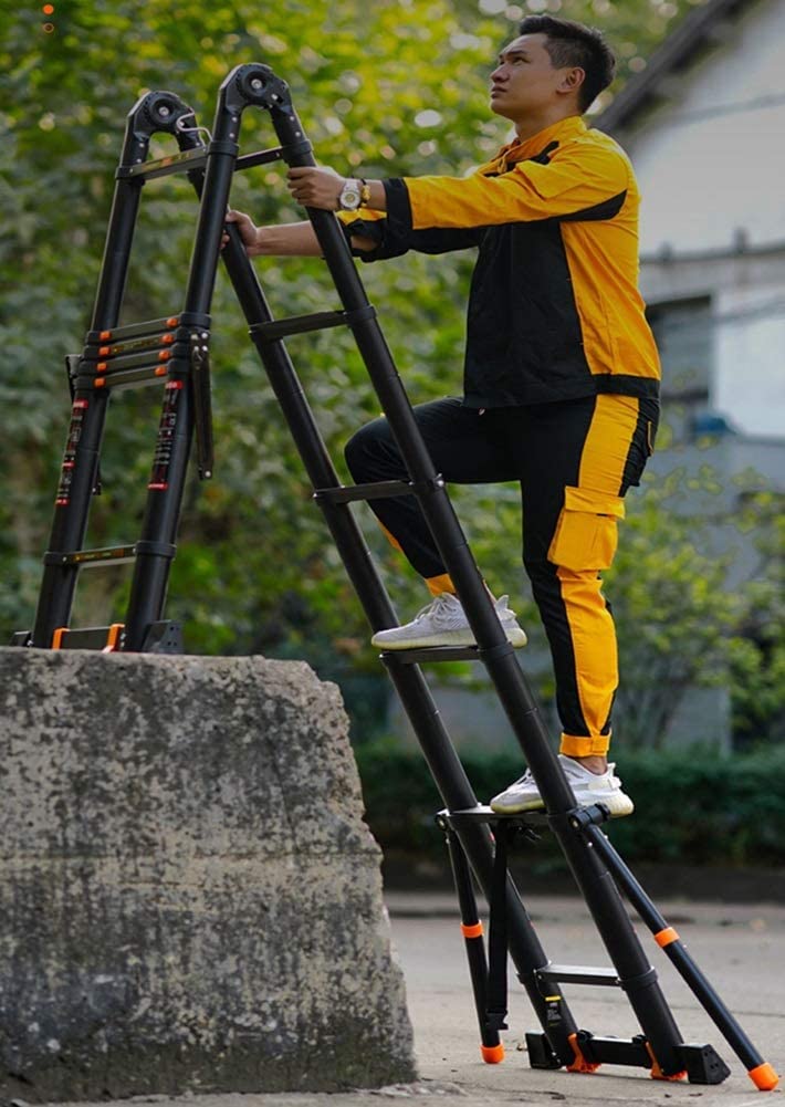 Teleskop-Anlegeleiter, Mighty Stair-Teleskopleiter mit Rädern – Mehrpositions-Teleskop-Ausziehleiter aus Aluminium mit A-Rahmen, klappbar, Schwarz (Größe: 1,7 m + 1,7 m/5,5 ft + 5,5 ft) Ambitious