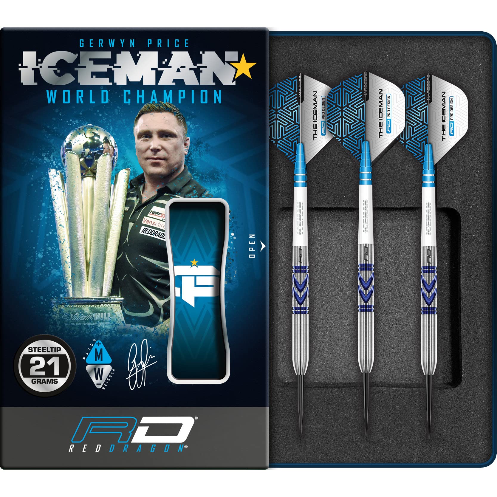 RED DRAGON Gerwyn Iceman Price Avalanche Pro 21 Gramm Premium Tungsten Darts Set mit Flights und Stielen