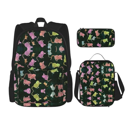 WURTON Schulrucksack-Set mit niedlichem Maus-Aufdruck, 3-in-1-Büchertaschen-Set mit Lunchbox, Federmäppchen, Reise-Laptop-Tagesrucksäcke