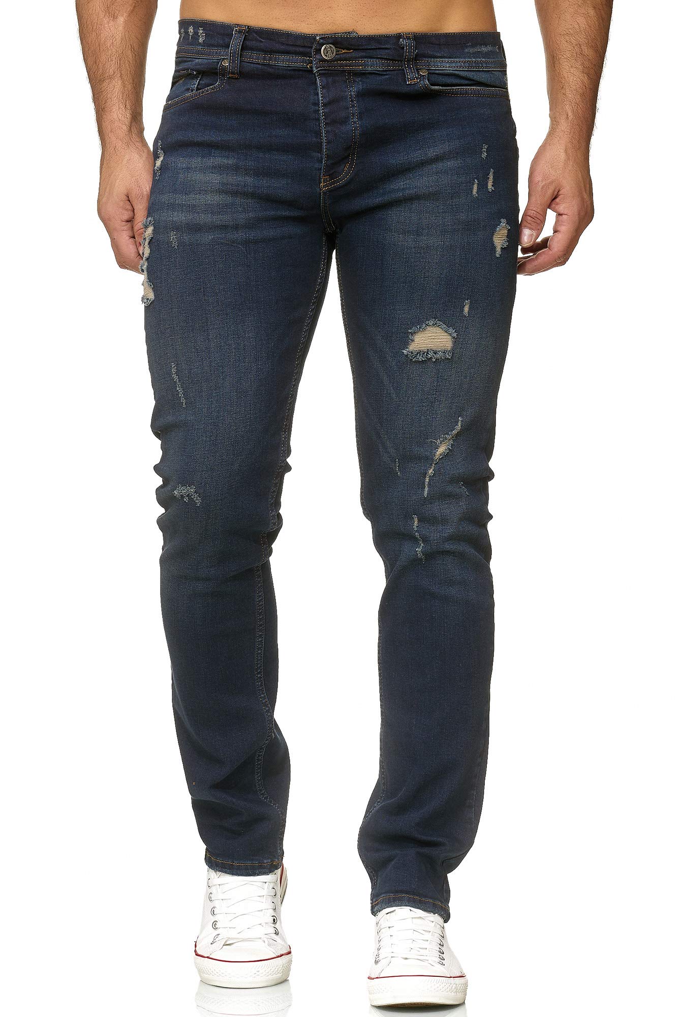 Reslad Jeans Herren Destroyed Look Slim Fit Denim Strech Jeans-Hose RS-2062 (W33 / L34, Dunkelblau (2090))