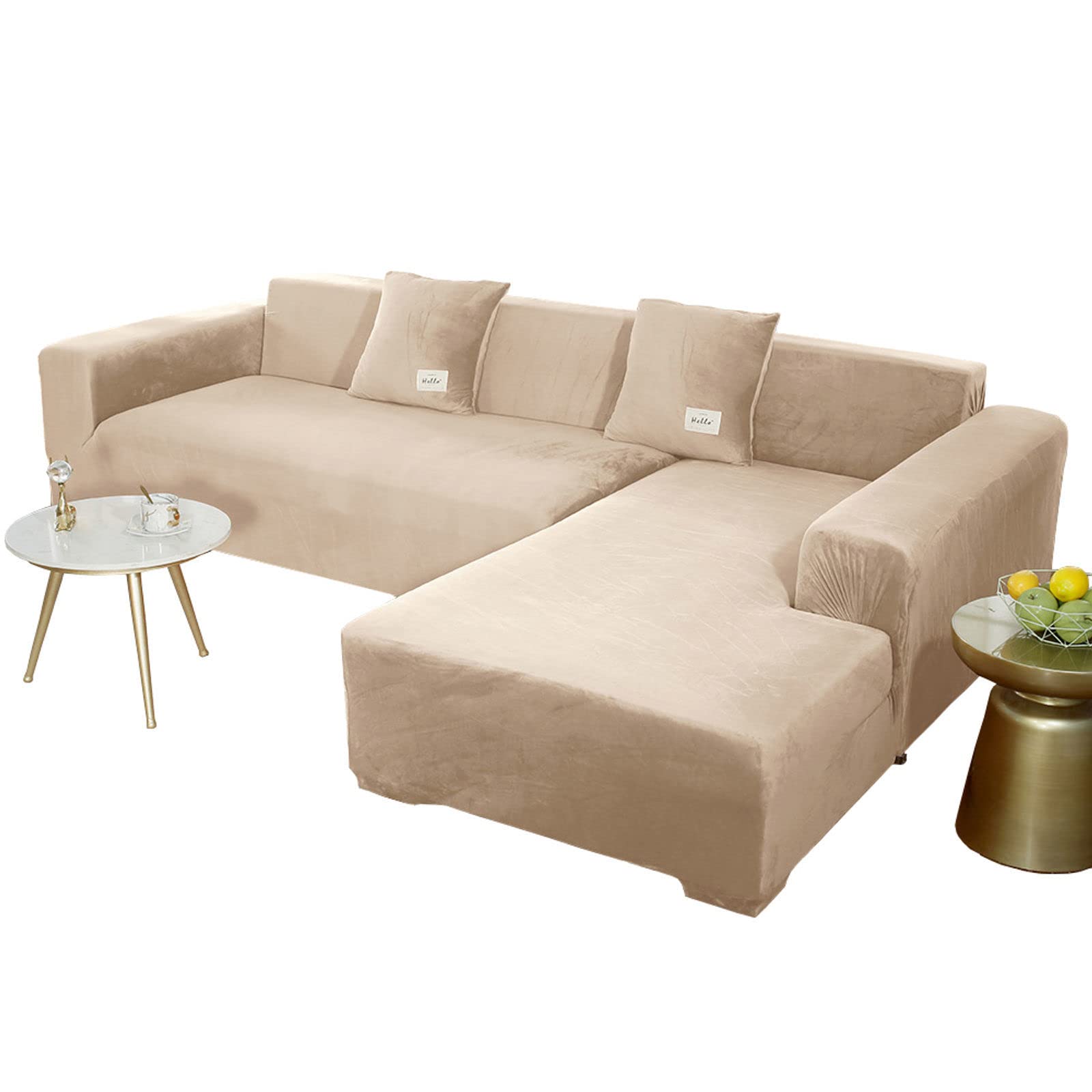 JHLD Sofabezug L Form, Stretch Sofabezug Samt L-förmiger Sofabezug Weiche Anti-rutsch Sofa Überwürfe Für Ecksofa-Beigegrau-2 Sitzer+3 Sitzer