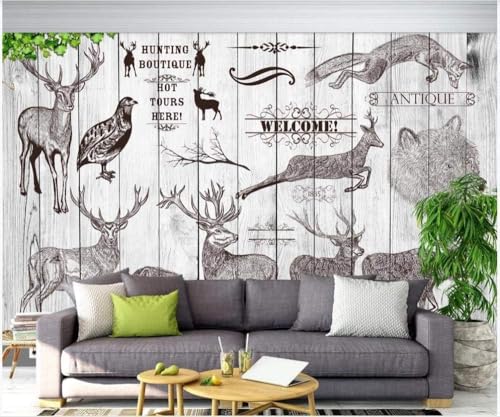 Vintage Holzplatte Tier Hirsch Wolf 3D Tapete Poster Restaurant Schlafzimmer Wohnzimmer Sofa TV Dekorative Wand-300cm×210cm