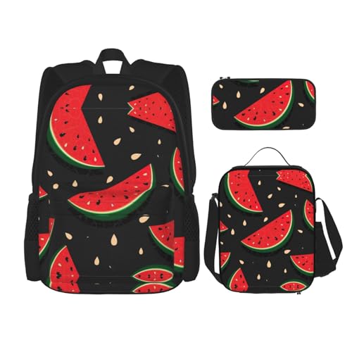 WURTON Reise-Lunchbox, Federmäppchen, Rucksack-Set, 3-teilig, verstellbare Riemen, leicht, Rot mit Wassermelonen-Print, Schwarz, Einheitsgröße