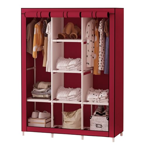 ZHANGshouf Kleiderschrank, tragbarer Canvas-Kleiderschrank mit Kleiderstange, Regalen, tragbaren Kleiderschrankregalen für Schlafzimmer, Stoffgarderobe,Rot