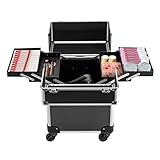 Kosmetikkoffer, Aluminiu Trolley, Schminkkoffer, Friseurkoffer, Makeup Koffer, mit Griff, mit 4 Universalrollen, mit 2 Tasten, für Reisen, für Friseure, Nageltechniker und Kosmetikerinnen (Schwarz)