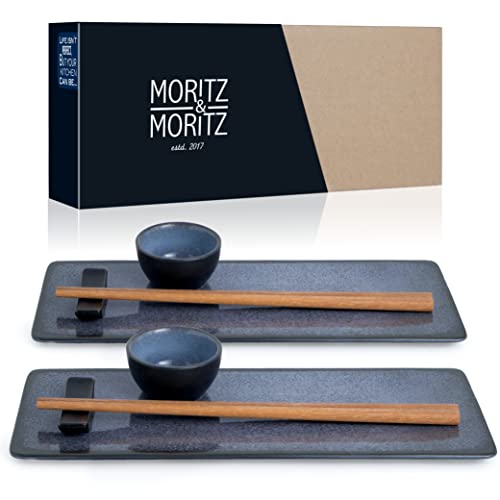 Moritz & Moritz Sushi Geschirr Set für 2 Personen - 10 Teile - Sushi Servierset mit 2X Sushi-Teller, Dip-Schälchen und Stäbchen