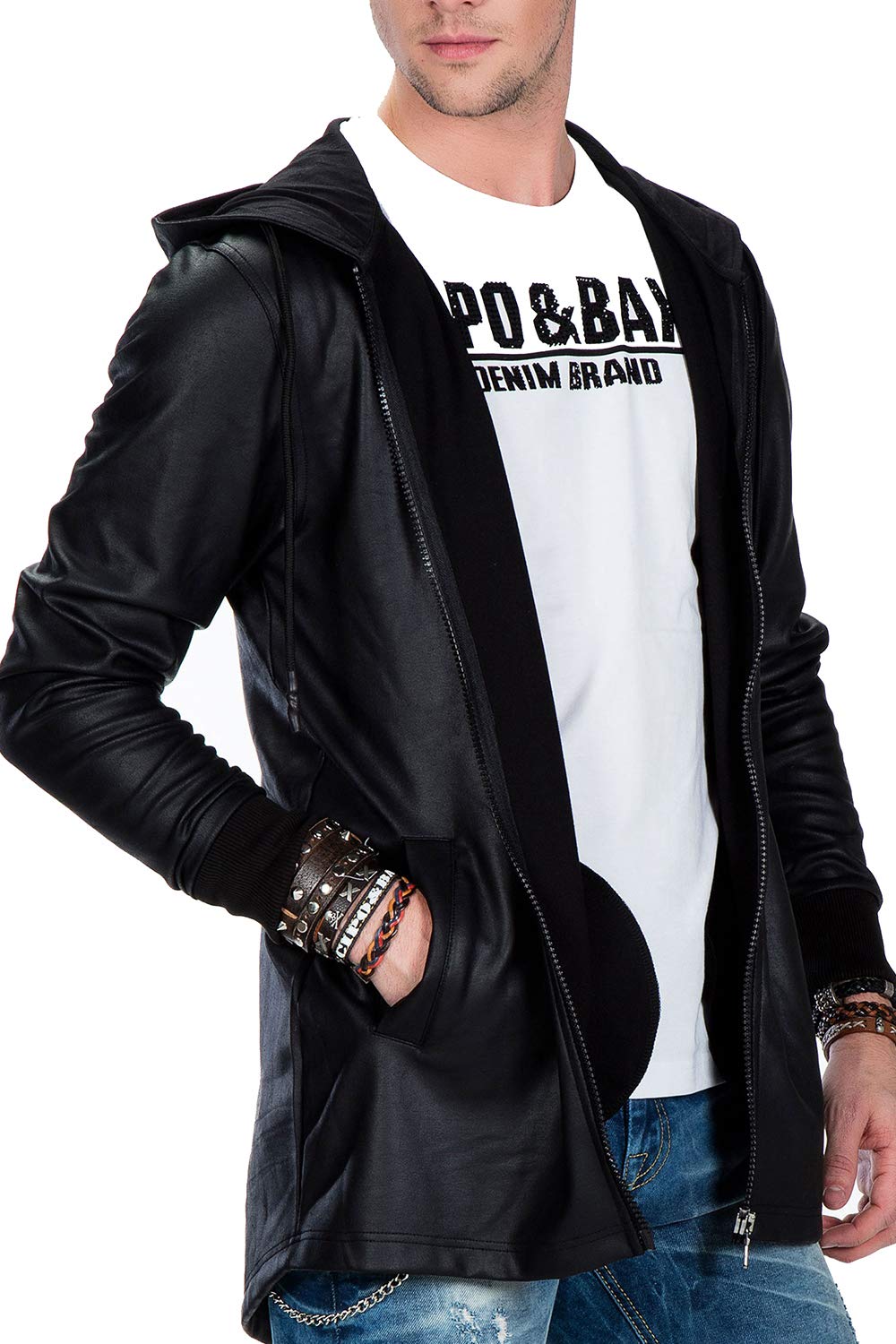 Cipo & Baxx Herren Jacke Kunstleder Jacke Kapuzenjacke Rockige Leder Jacke Übergangsjacke Oversizejacke Schwarz M