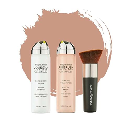 Jerome Alexander MagicMinerals AirBrush Foundation Make up Set - 3 Stück - Foundation + Fixier Spray + gratis Pinsel – Integriertes Make-up mit Hautpflege feuchtigkeitsspendend - Farbe: Warm / Beige