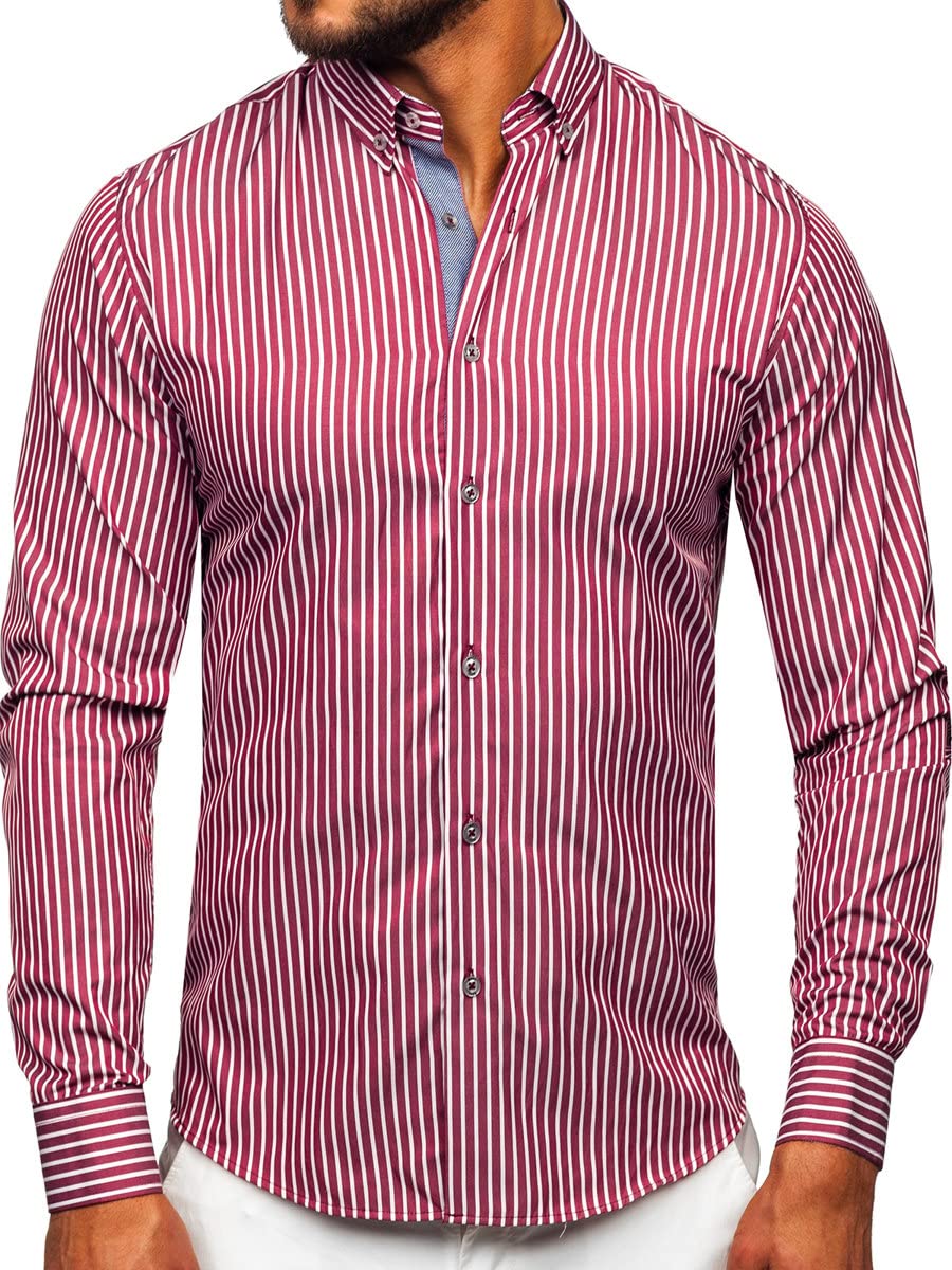 BOLF Herren Hemd Langarm Freizeithemd Langarmhemd Elegant Business Party Bügelleicht Farbwahl Classic Basic Slim Fit Casual Style 22730 Weinrot XL [2B2]