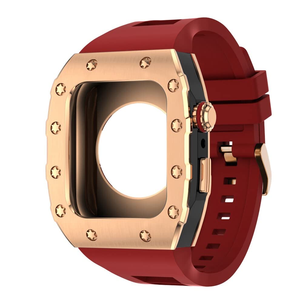 KANUZ 44 mm 45 mm Modifikationsset für iWatch Serie 7, 6, 5, 4 SE, Metallgehäuse, Silikonband für Apple Watch, Gummiband, Stoßfängerabdeckung (Farbe: RG-BB-R, Größe: 44 mm)