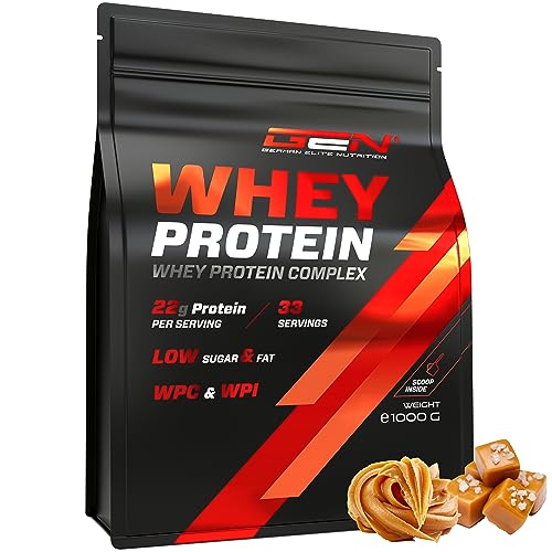 Whey Protein Pulver - 1000 g (Peanut Butter Salted Caramel) - Mit Isolate Anteil - Instant lösliches Eiweiss Protein Pulver mit BCAA & EAA - German Elite Nutrition