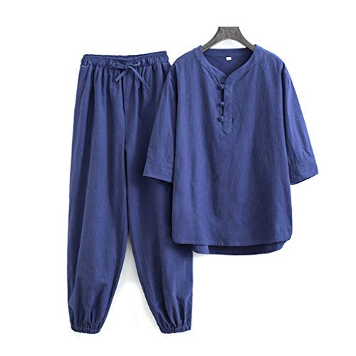 ZHOUXIAO Frauen Zen Meditation Uniform Baumwolle Leinen Tai Chi Uniform Kurzarm Chinesische Traditionelle Kleidung Tops Hosen Kung Fu Kleidung Hemd Mantel Kampfkunstanzug blue-2XL