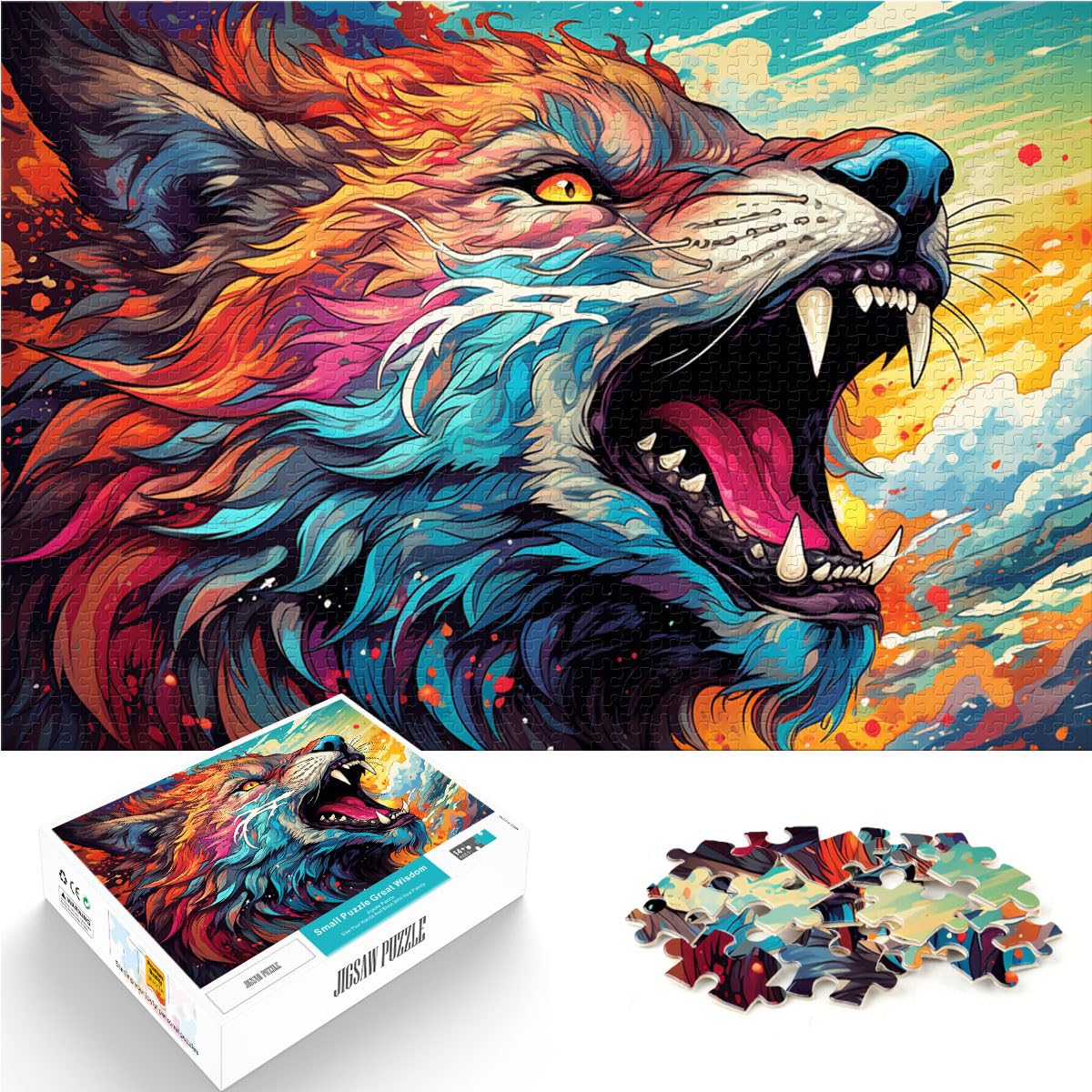 Puzzle für Fantasie, bunter Wolf, für Erwachsene, 1000 Teile, Puzzle-Geschenke, Holzpuzzle mit vollständig ineinander greifenden und zufällig geformten Teilen, 1000 Teile (50 x 75 cm)