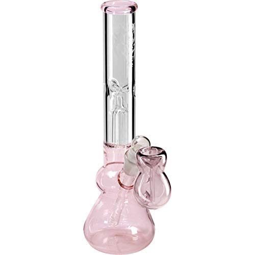 Black Leaf Icebong 30 cm | Klar/Pink mit Fly-Print | Percolator Bong NS 19/14 aus Borosilikatglas mit 3-Arm Baumperkolator & Eiskammer | Kräuter Eisbong mit Vorkühler & Diffusoradapter | Ø 40mm