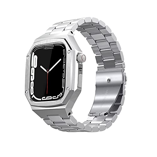 KANUZ Metallarmband für Apple Watch, 45 mm, 44 mm, Edelstahl-Schutzhülle und Armband, All-in-One-Set für iWatch 8, 7, 6, 5, SE, 45 mm, 44 mm (Farbe: Kohleschwarz, Größe: 45 mm für 8/7)